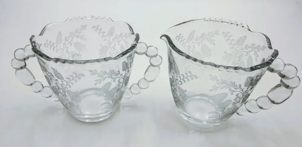 Vintage Tiffin Cherokee Rose Etched Glass Creamer & Sugar Set
